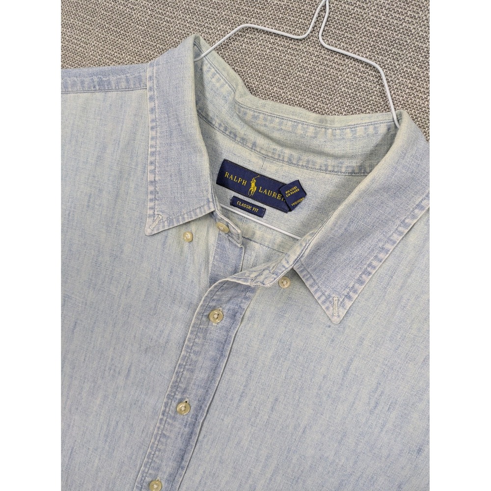 Ralph Lauren Shirt Mens 3XLT Blue Chambray Short Sleeve Button Up Classic Fit
